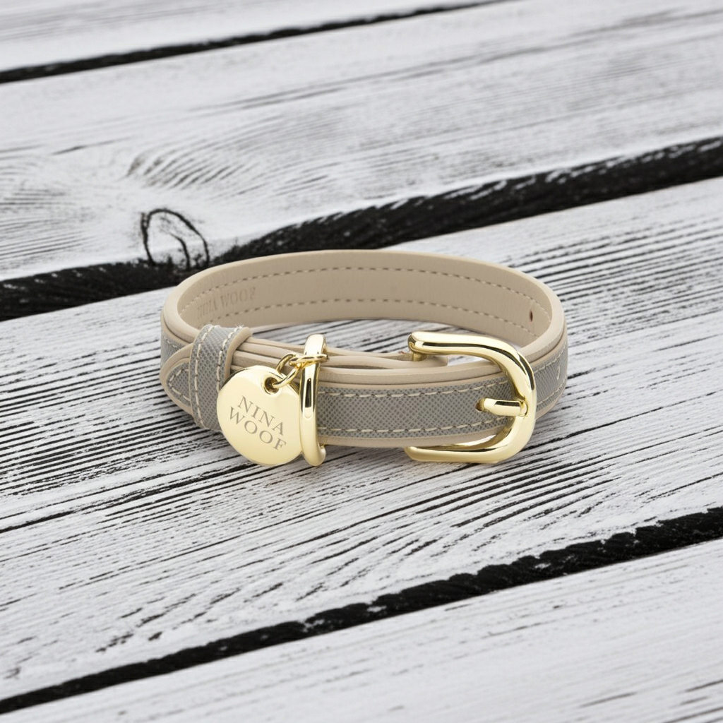 Light grey vegan leather dog collar with gold buckle and round engraved tag