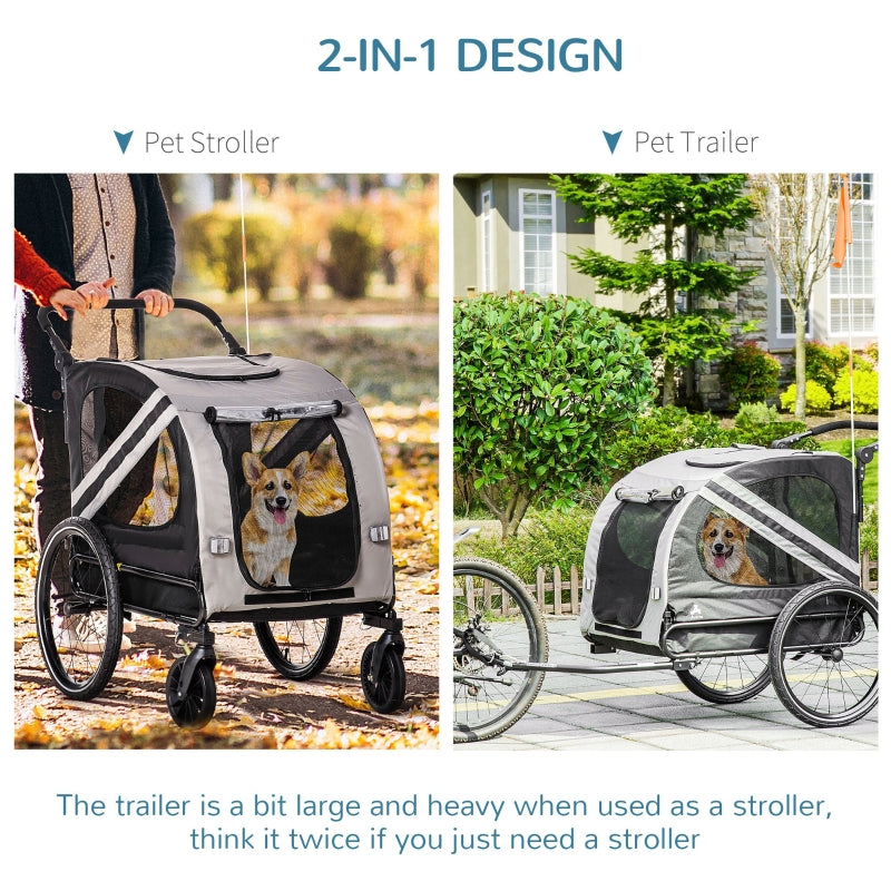Grey 2-in-1 pet stroller and pet trailer setup with mesh panels and seat canopy