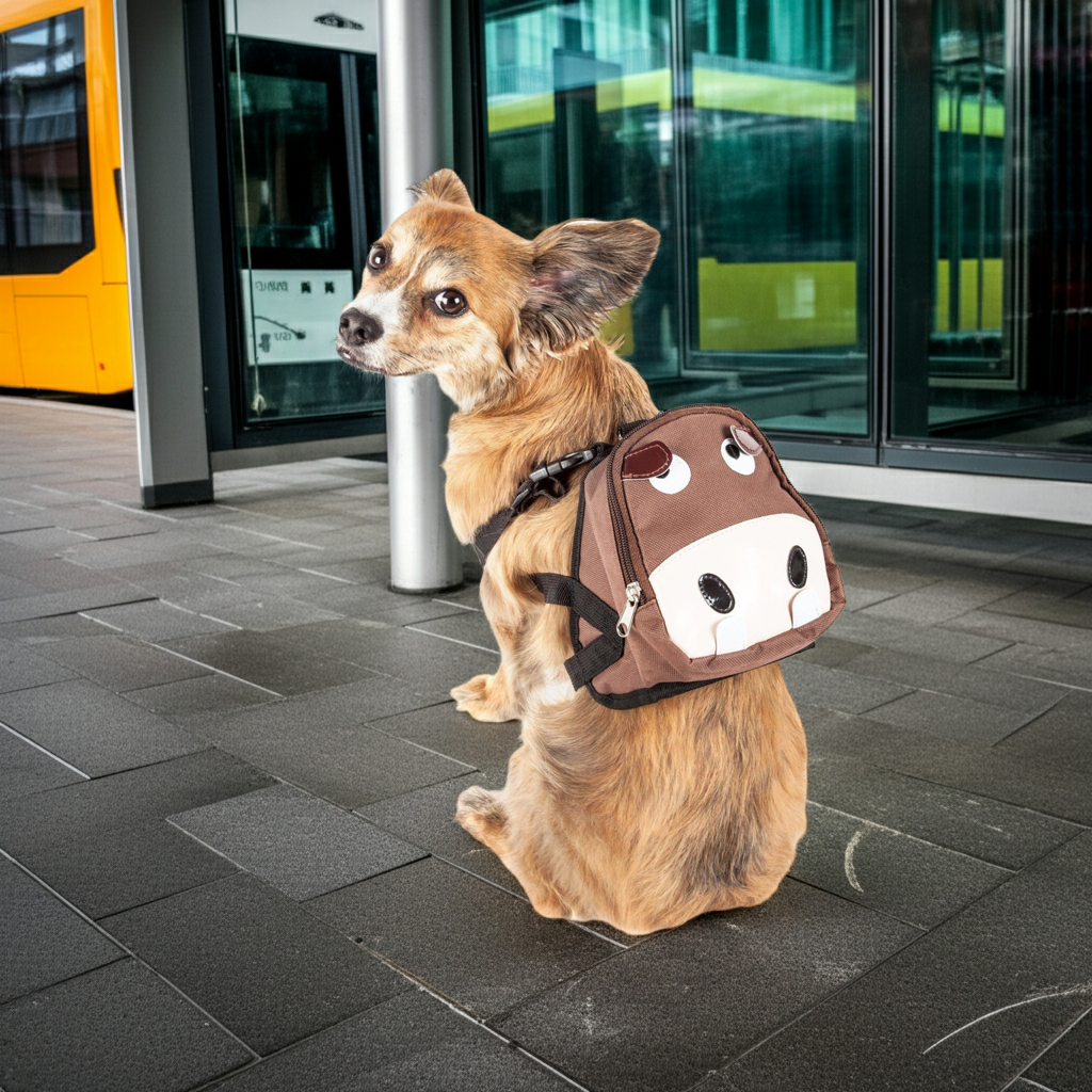 Tan dog wearing brown cow-face animated harness backpack with large front pocket