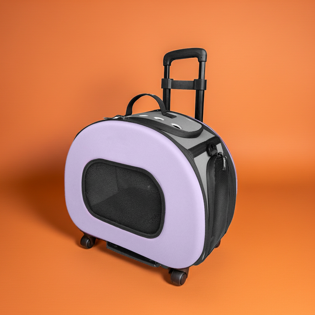 Purple wheeled dog carrier with mesh window, foldable hard shell and pull handle